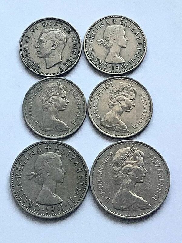 【希少品セール】イギリス 2シリング硬貨 1961年 1シリング硬貨 1949年 1954年10ペンス硬貨 1969年 5ペンス硬貨 1968年 1971年 年号違い6枚