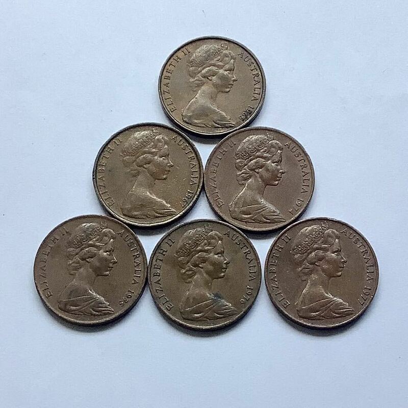 【希少品セール】オーストラリア エリザベス女王肖像デザイン 2セント硬貨 1966年〜1967年 1974年〜1977年 6枚まとめて