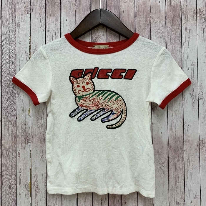 グッチ GUCCI 半袖Tシャツ リンガーTシャツ プリントTシャツ CAT キャット 猫 キッズ 男女兼用 サイズ6