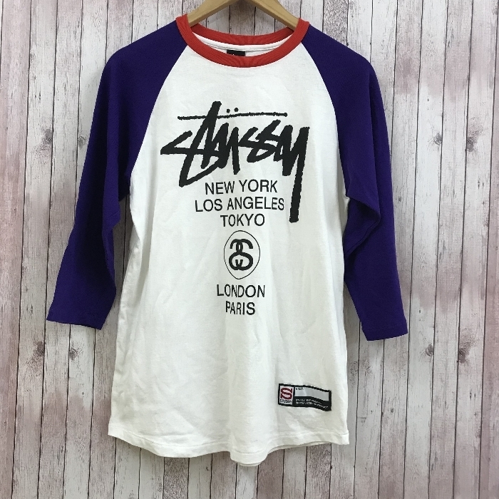 ステューシー STUSSY ラグラン 長袖Tシャツ ロゴTシャツ 七分袖 白 赤 紫 Sサイズ メンズ