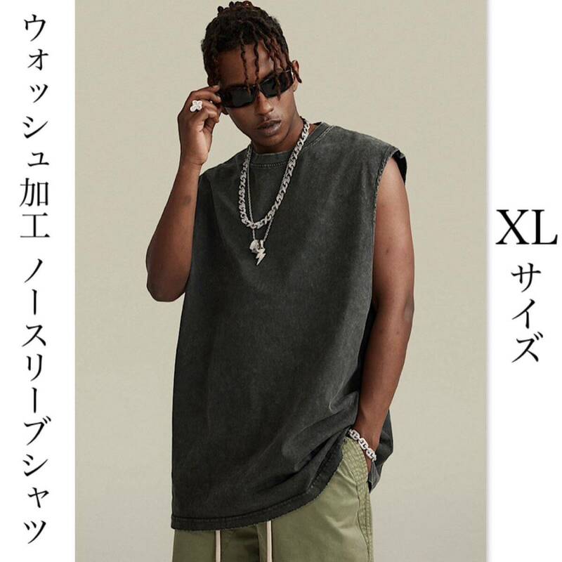 タンクトップ ノースリーブ シャツ ストリートファッション ヘビーウェイト カットオフ Tシャツ メンズ レディース BK XL