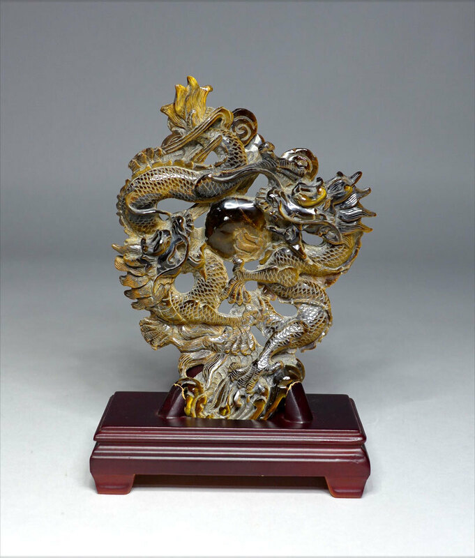 ●東洋彫刻　中国古玩　瑪瑙石彫刻　双龍図　置物　煎茶道具　メノウ　高さ25ｃｍ