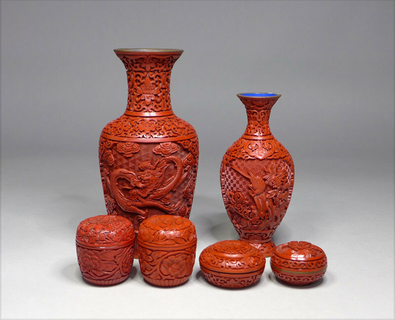 ●中国美術　中国堆朱　龍図花瓶や花紋香合・棗など6点　煎茶道具・香合具