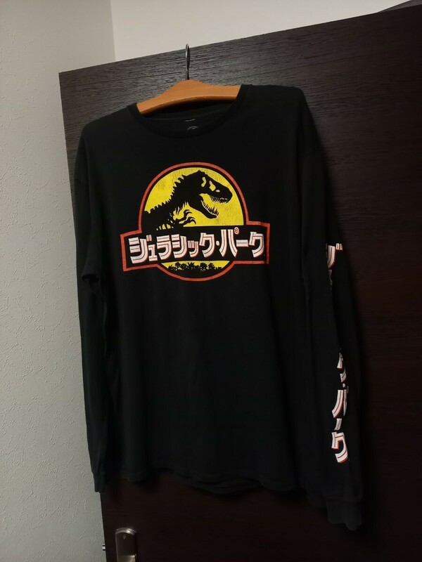 00s メキシコ製 ムービー カタカナ　ジュラシックパーク レトロ　プリント　ビンテージ　長袖 Tシャツ　黒　sizeL　映画　90s USA 古着