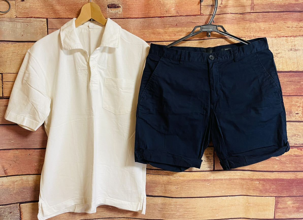 【中古】ユニクロ S メンズ 半袖 ホワイト ポロシャツ H&M ショートパンツ ネイビー スリムフィット セット サマー 夏 DM0619M