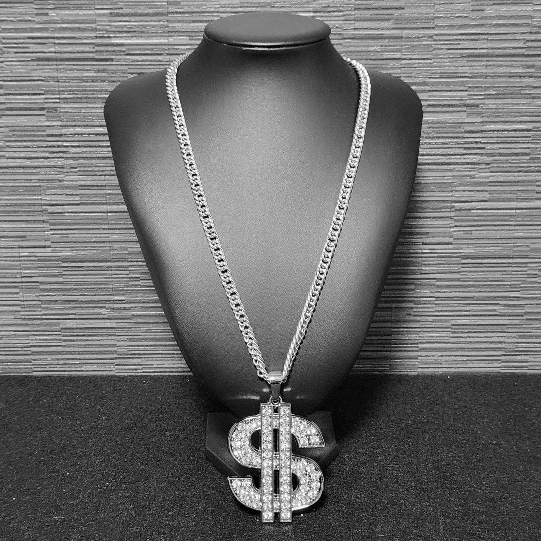 HIPHOP　＄マーク＄　BIGロゴネックレス　60ｃｍ　ジルコニア　シルバー　ブリンブリン　喜平　
