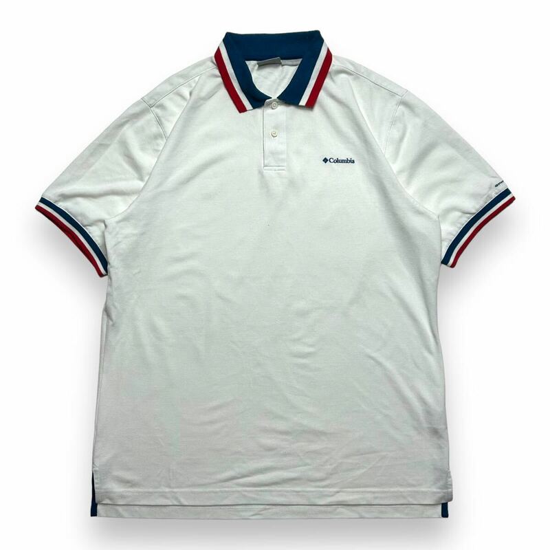 Columbia コロンビア 半袖ポロシャツ カットソー ワンポイントロゴ ホワイト×ネイビー×レッド XXL アウトドア ビックシルエット