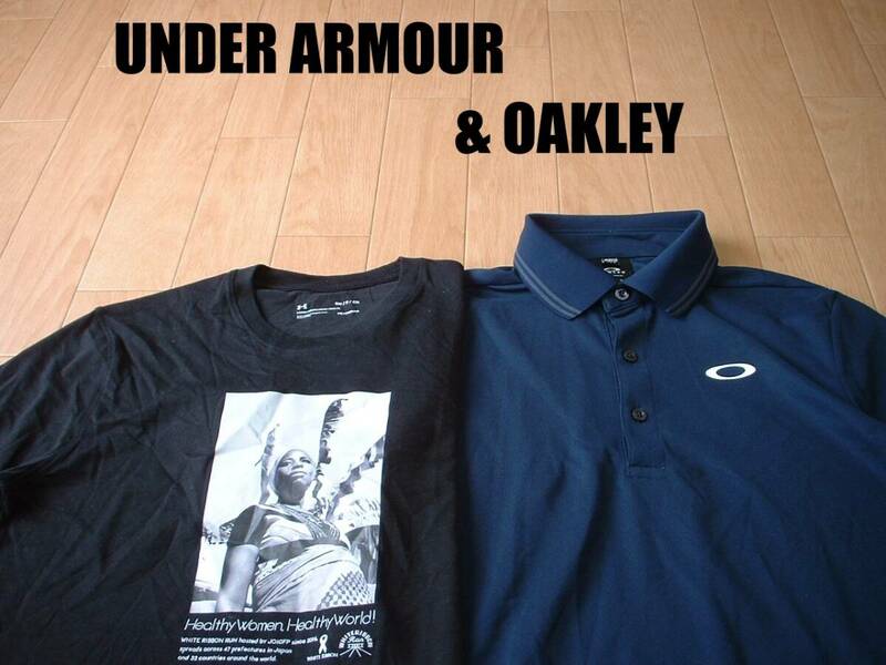 即戦力2着セットUNDER ARMOURドライフィットTシャツOAKLEY速乾性ポロシャツ美品S正規アンダーアーマー黒ブラック&オークリー紺ネイビー