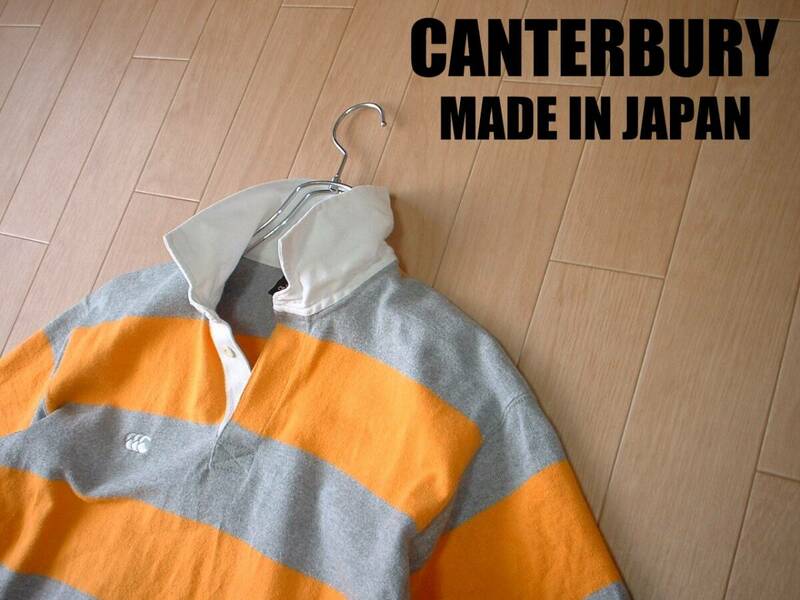 CANTERBURYボーダーラガーシャツ美品Mヘビーコットン杢グレーxオレンジ正規カンタベリーNEW ZEALANDジャージトップRUGBYラグビー