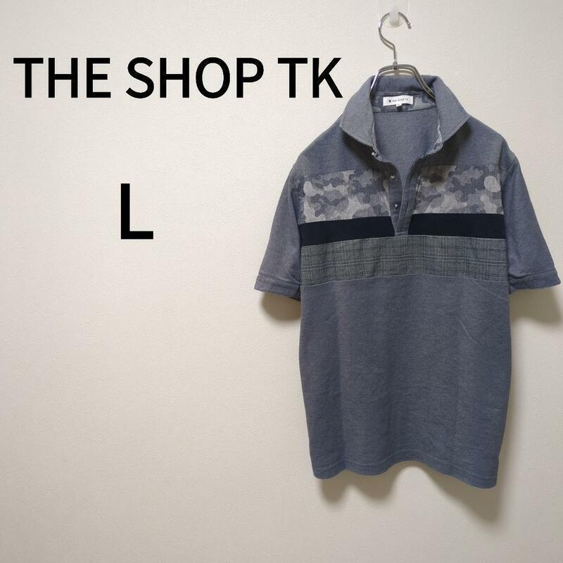 【THE SHOP TK】切替デザイン半袖ポロシャツ(L)カモフラ＊千鳥柄＊薄手