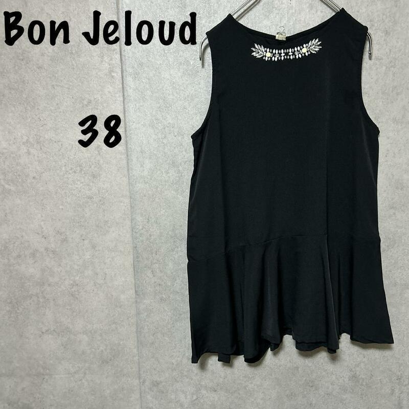 【Bon Jeloud】(38)ノースリーブシャツ＊ビジュー付＊フリル仕様＊黒