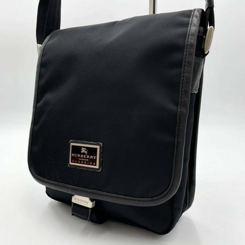 1円●美品●バーバリーブラックレーベル ショルダーバッグ BURBERRY BLACK LABEL ボディバッグ レザー ナイロン 斜め掛け ブラック 黒