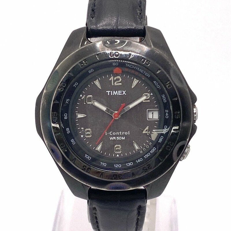 1円スタート TIMEX タイメックス i・Control WR 50M デイト クォーツ QZ ラウンドフェイス 3針 グレー文字盤 メンズ 腕時計 動作未確認