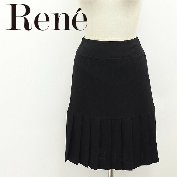 美品◆Rene ルネ ウール 裾プリーツ スカート 黒 ブラック 34