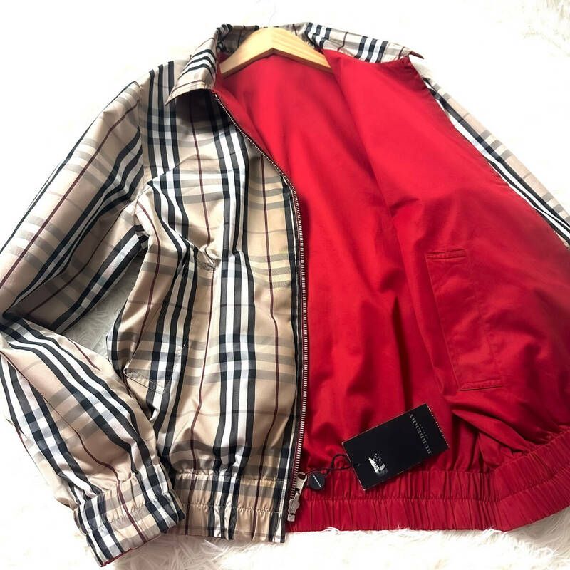 極美品2way!BURBERRY LONDONリバーシブルジャケットジップアップメガノバチェック柄レッド赤爽快ポリコットン綿生地M~Sバーバリーロンドン