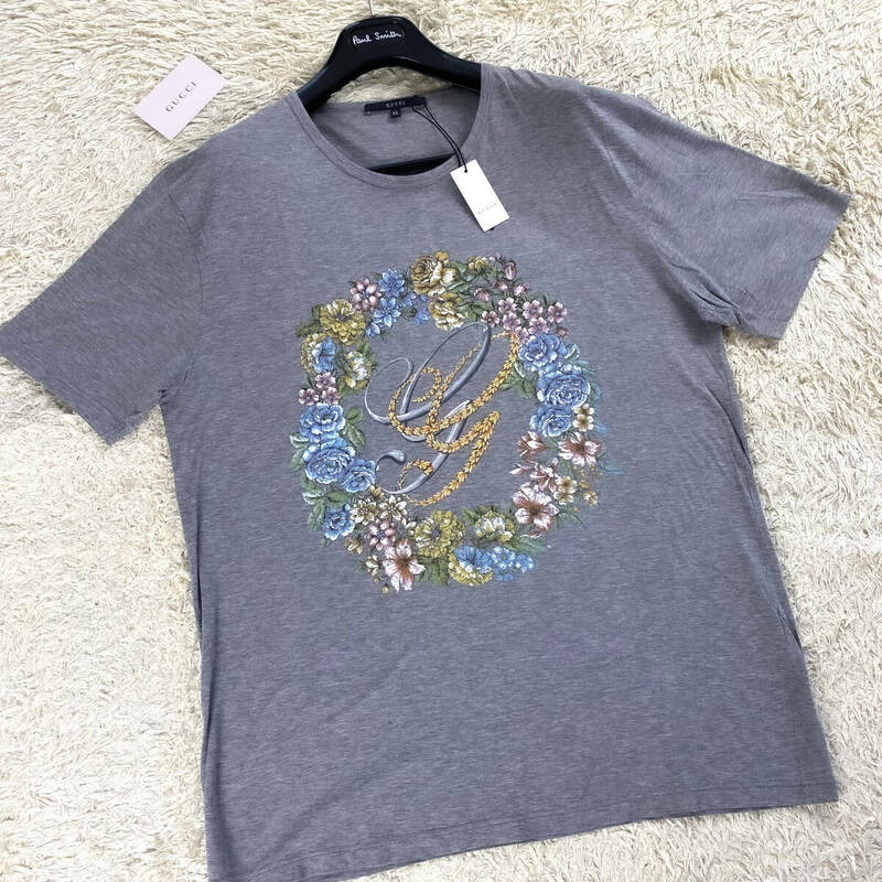 未使用級花柄GUCCI半袖TシャツXXL~XL.LLフロントポイントロゴGG柄霜降りグレー灰色爽快コットン綿地オーバーサイズ大きいポロシャツグッチ