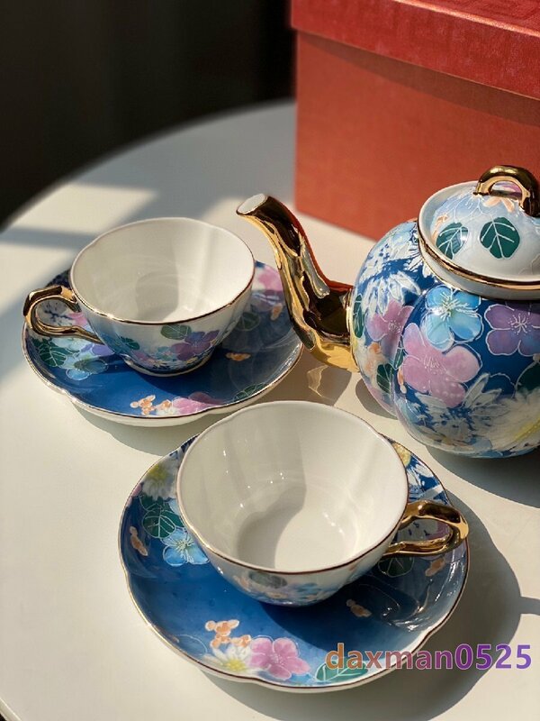 LINBERG ceramic セラミックティーポット　ティーカップ　ソーサー　2客セット　洋食器　お祝い　プレゼント　ブルー　新品　035