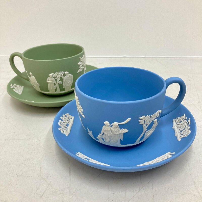 ◆◇[9] Wedgwood ウェッジウッド カップ＆ソーサー ２点 ジャスパー ブルー グリーン 06/060409m◇◆