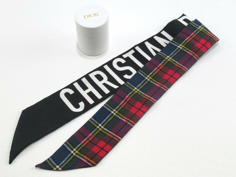 ★【B送900円】　353　Christian Dior　クリスチャンディオール　リボンスカーフ　赤チェック　裏地ブラック　シルク100％　箱入り