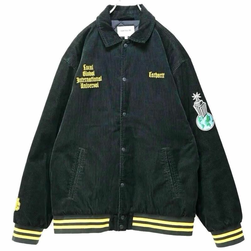 極美品　Carhatt Letterman Jacket XLサイズ カーハート　レターマンジャケット　スタジャン コーデュロイ　グリーン 深緑