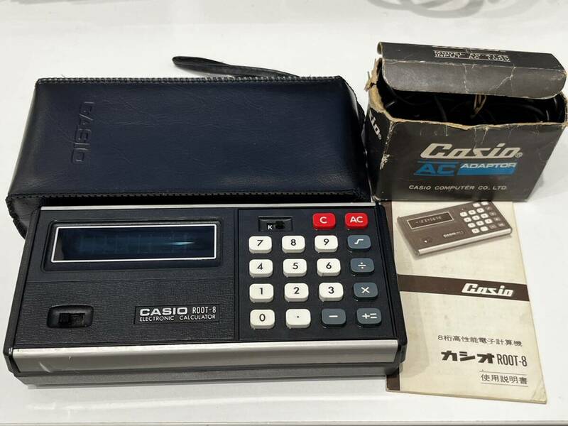 CASIO カシオ 電卓 ROOT-8 アダプター ケース 説明書付き 簡易動作確認 昭和レトロ 当時物 現状品　3714