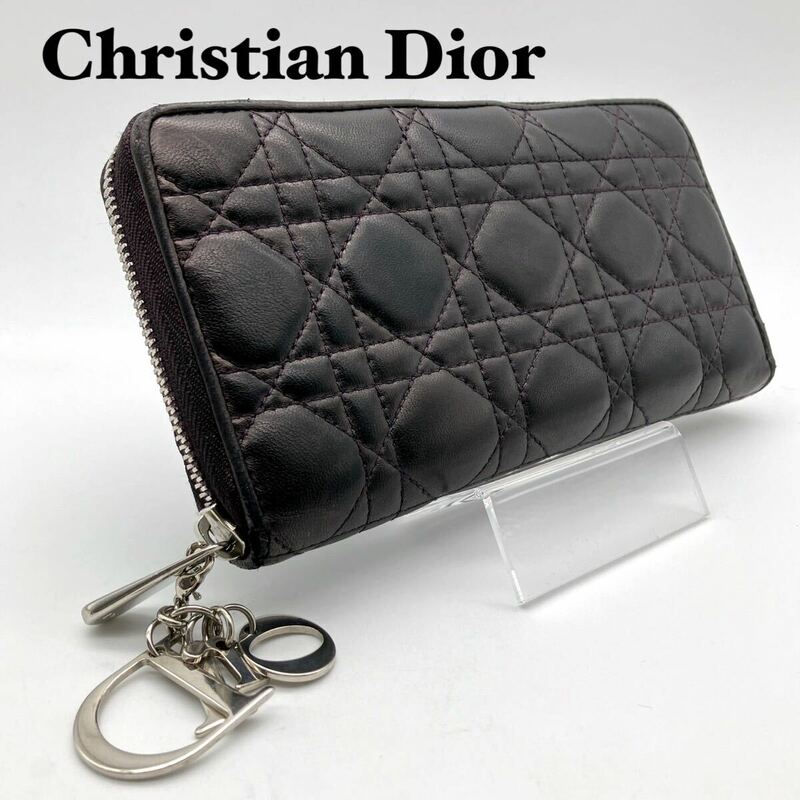 クリスチャンディオール Dior 長財布 カナージュステッチ ラウンドジップ ブラック