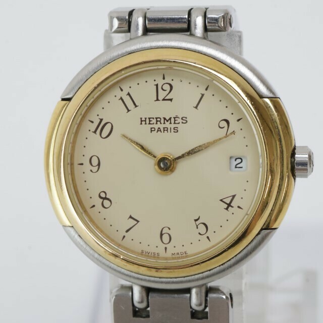 2406-520 エルメス クオーツ 腕時計 HERMES ウィンザー 日付 全数字 クリーム文字盤 純正バーブレス 箱有り