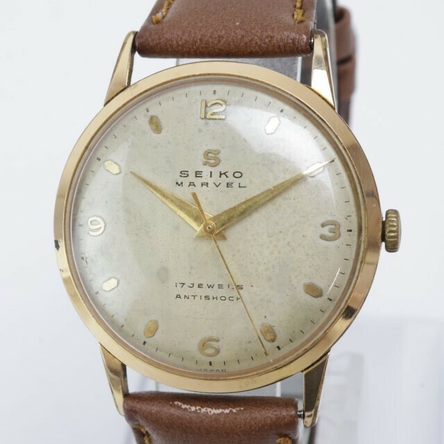 2406-531 セイコー 手巻き式 腕時計 SEIKO 14025 マーベル 17石 丸型 金色ケース 飛び数字 茶ベルト
