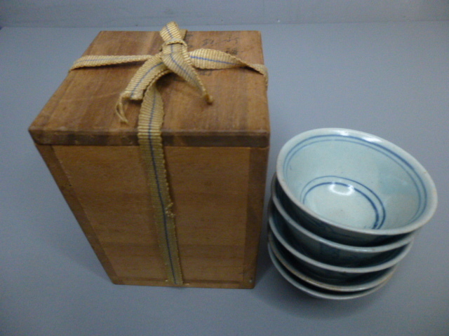 【史】古染付 煎茶碗 五客 銅舟の図 中国古玩 共箱 時代物