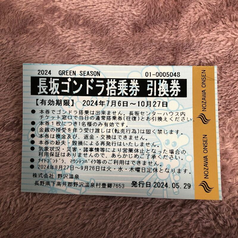 ①長野県　野沢温泉　長坂ゴンドラ往復券　1枚