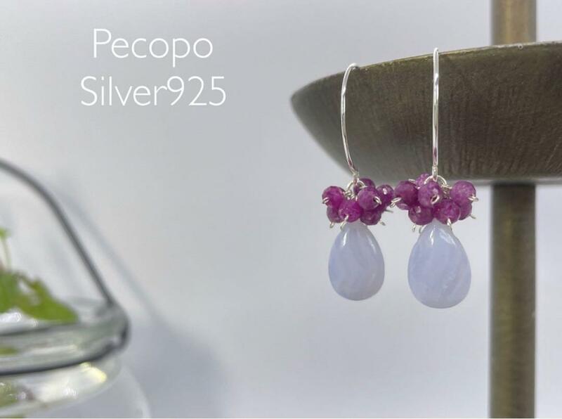 Pecopo Silver925 ブルーレースアゲート 非加熱ルビー ピアス No.183