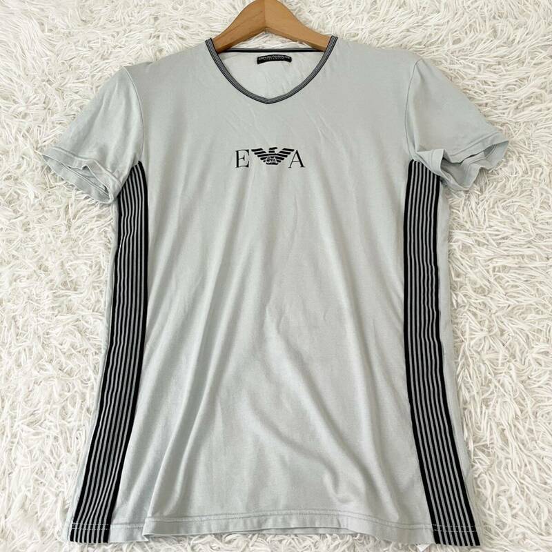 希少カラー【EMPORIO ARMANI】 エンポリオアルマーニ 半袖 Tシャツ ブランドロゴ 美品 Lサイズ ブルーグレー メンズ 50 ラインテープ