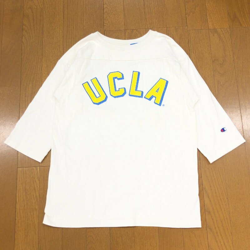 USA製 Champion チャンピオン T1011 UCLA カレッジロゴ ヘビーウエイト Tシャツ M オフホワイト 七分袖 アメカジ 古着 米国製 アメリカ製