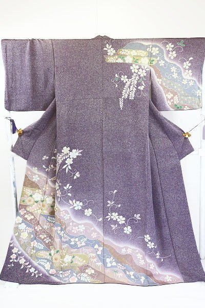 【送料無料】訪問着 京友禅 唐絞り 蒔糊 辻が花 金彩加工 灰紫 身丈161cm お洒落 フォーマル 仕立て上がり 正絹 m-6131