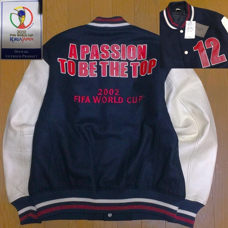 稀少 FIFA WORLD CUP ワールドカップ 2002 JAPAN x KOREA 日韓W杯 ワッペン 本革 レザー x メルトンウール 袖革 スタジャン メンズ M 紺 白