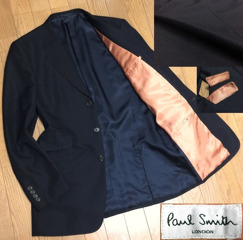 美品 Paul Smith LONDON ポールスミス 日本製 高級 ウール地 パイピング 3B テーラードジャケット メンズ XL 黒 ブラック オレンジ裏地