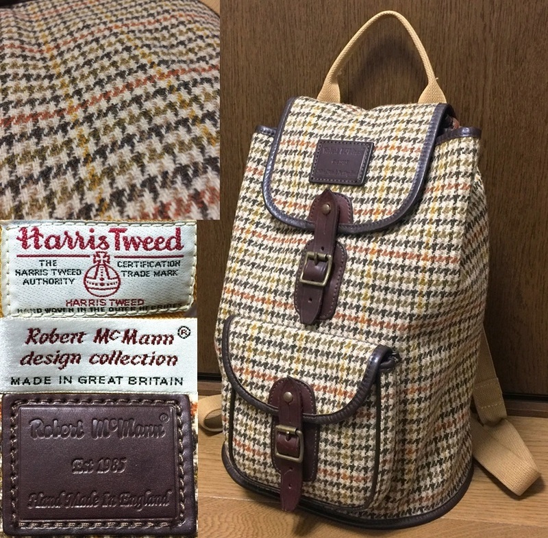 稀少 英国製 Robert McMann ロバートマックマン HARRIS TWEED ハリスツイード ハンドメイド 牛革 レザー使用 リュック バッグ バックパック