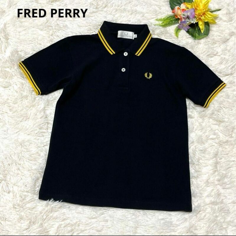 FRED PERRY フレッドペリー ポロシャツ 半袖 黒×金 月桂樹 鹿の子 刺繍 日本製 レディース ブラック S