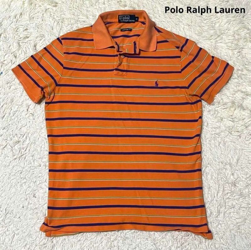 Polo Ralph Lauren ポロラルフローレン ポロシャツ 半袖 ポニー 刺繍ロゴ ボーダー 綿 コットン100% オレンジ M