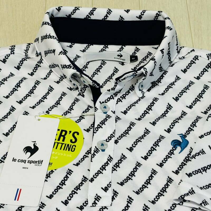 新品★ルコック ゴルフ ロゴ総柄プリント GOLFER'S CUTTING 吸汗速乾 半袖ボタンダウンシャツ★ホワイト★サイズM★送料185円