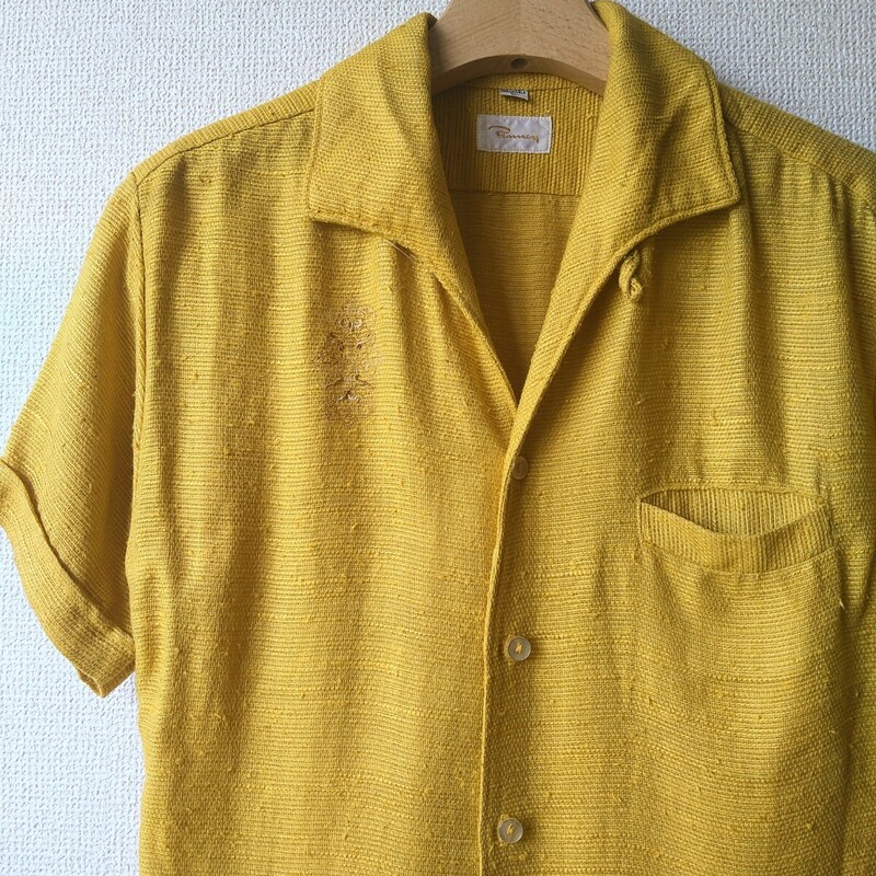 50s 60s Penney イタリアンカラー レーヨン リネン ネップ ロカビリー 半袖シャツ ボックスシャツ 黄色 単色 オープンカラーシャツ