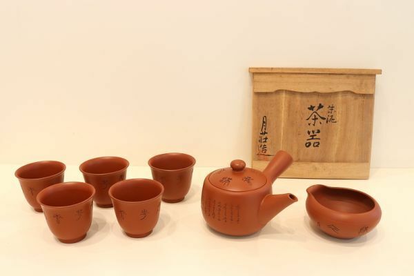 5695■ 常滑焼 朱泥 茶器セット 5客 月荘造 共箱 煎茶道具