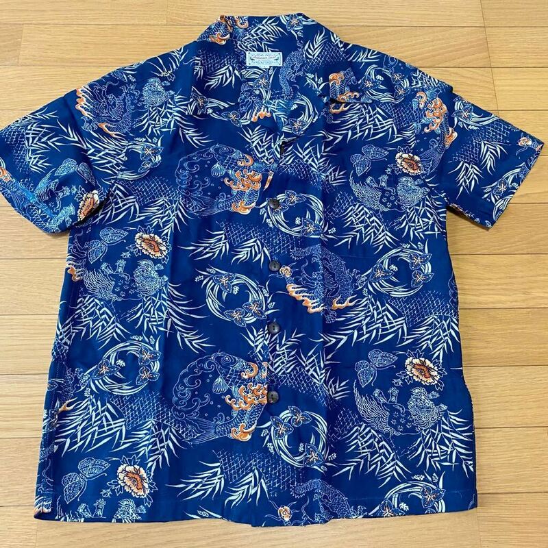 Hawaiian Shirt　アロハシャツ　L　レーヨン　和柄　総柄　鯉　龍　狛犬　蝶　ネイビー　半袖　夏物　メンズ　おしゃれ　古着