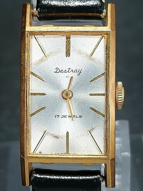 Destray 6251 アナログ 手巻き式 ヴィンテージ 腕時計 2針 スモールサイズ シルバー文字盤 ゴールド レザーベルト ステンレススチール