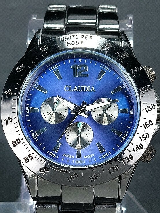 美品 CLAUDIA クラウディア CLA-1036 メンズ アナログ クォーツ 腕時計 ブルー文字盤 ブラック クロノグラフ メタルベルト 新品電池交換済