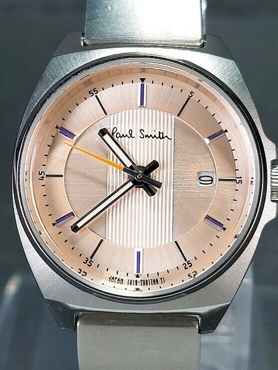 美品 Paul Smith ポールスミス 1016-T020704 アナログ クォーツ 腕時計 スモールサイズ ピンク文字盤 メタルベルト カレンダー 動作確認済