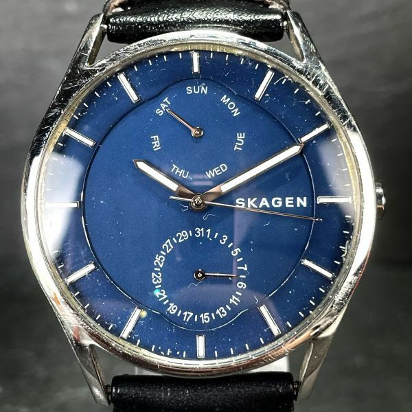 SKAGEN スカーゲン SKW6369 腕時計 アナログ クオーツ 3針 ブルー文字盤 カレンダー レザーベルト ブラック ラウンド 動作確認済み