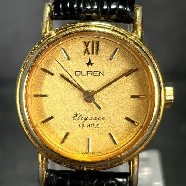 BUREN ビューレン 36M-533-00 腕時計 アナログ クオーツ 3針 ゴールド文字盤 レザーベルト ブラック ラウンド ステンレススチール