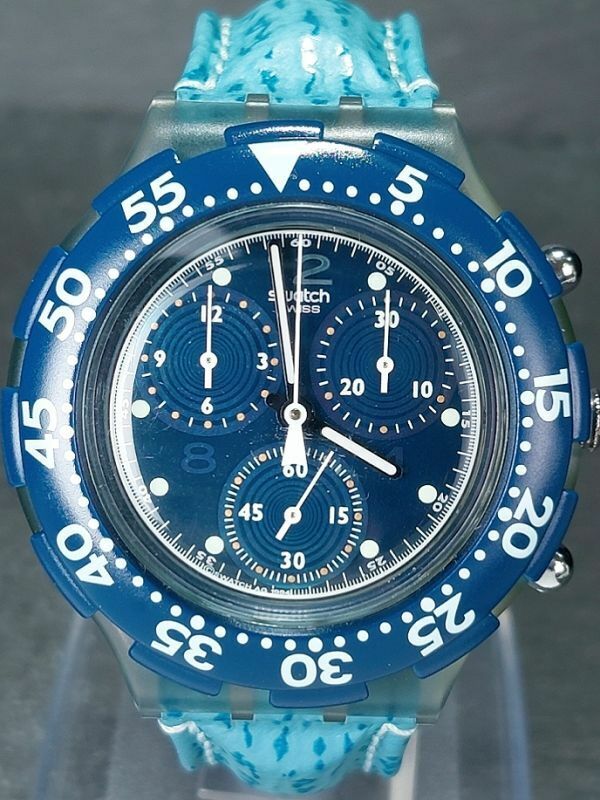 美品 箱付き SWATCH スウォッチ AQUACHRONO アクアクロノ Blue Wings RARE SBL-100 アナログ クォーツ 腕時計 クロノグラフ 新品電池交換済