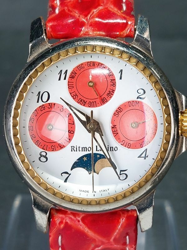 美品 Ritmo Latino リトモラティーノ アナログ クォーツ 腕時計 カレンダー ムーンフェイズ レザーベルト ステンレス 新品電池交換済み